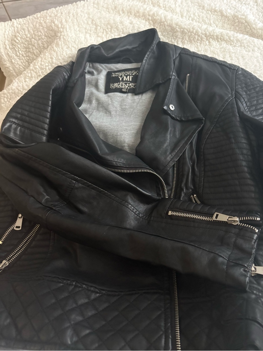 YMI Black Quilted Faux Leather Biker Jacket with Silver Zippers